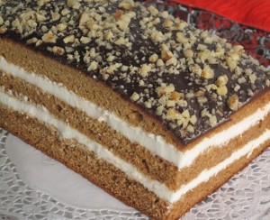 Honey Sheet Cake - Chocolate ganache topping with chopped walnuts,white icing with Irish Caramel Cream liqour