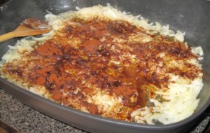 Chicken Paprikash - adding garlic and paprika to sauted onions