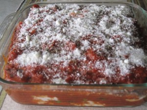 Vegetarian Matzoh Lasagna ready to bake