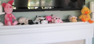 stash of stuffed farm animals to decorate the party room