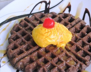 Chocolate Waffles with Mango Ice Cream